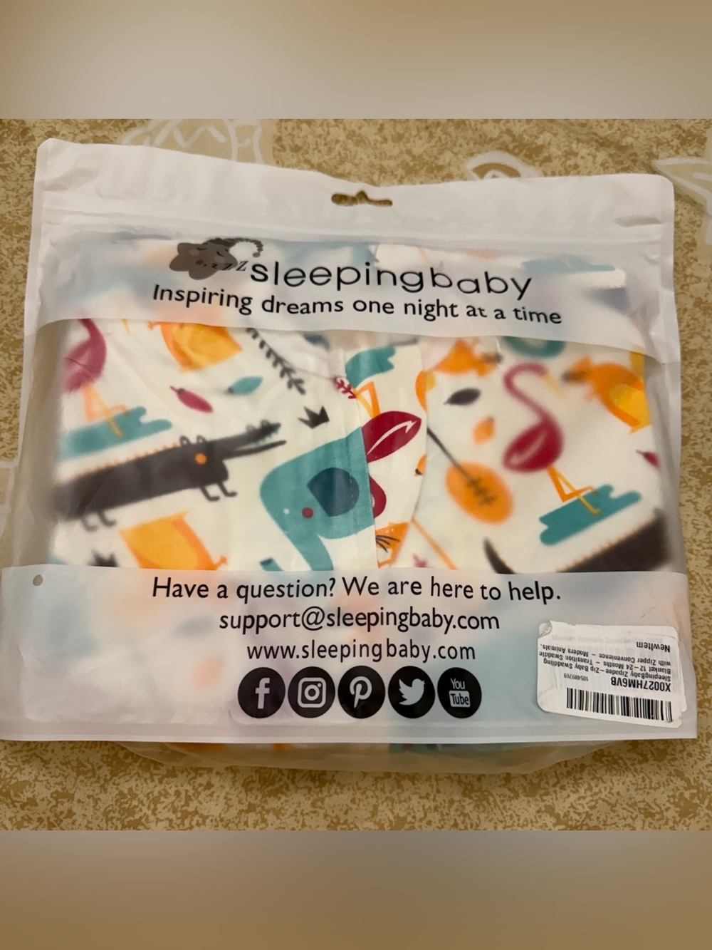 Sleeping Baby Zipadee Zip Swaddle Modern Animals Size Medium 6-12M
